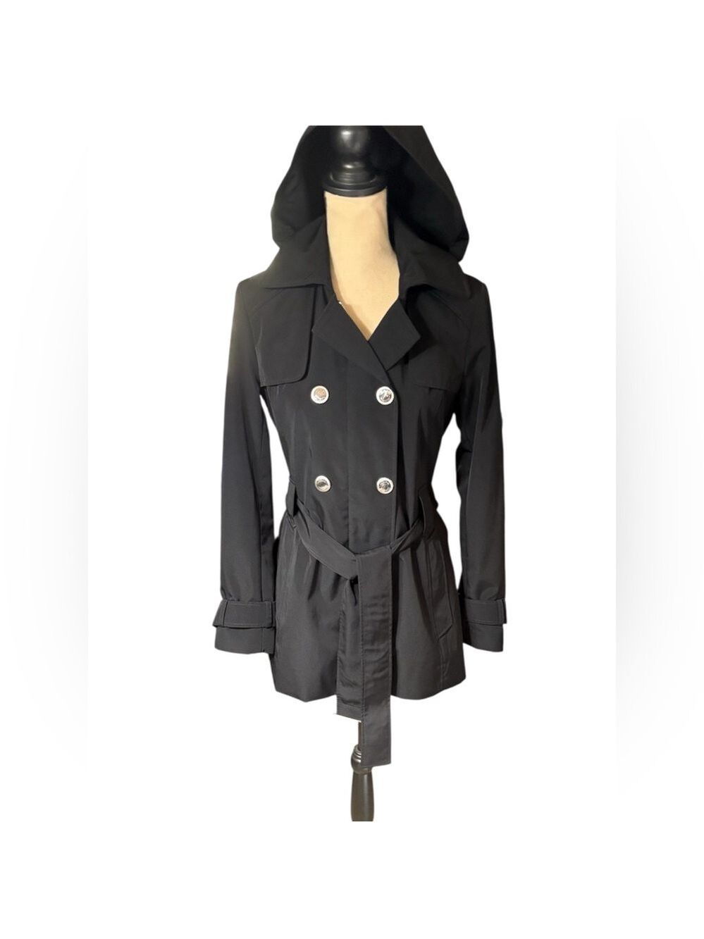Calvin Klein-Classy black trench coat. Size small. Silver details/Hood. Like new - Picture 8 of 16